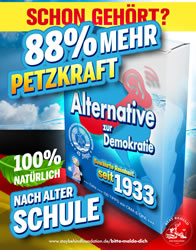 "88% mehr Petzkraft - 100% natürlich nach alter Schule" - Plakat von Stay Behind Foundation gegen AfD-Petzportale