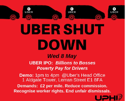 DAs Uber Streikplaka der IWGB in London am 8.5.2019