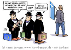 Troika: Ich hab ihm ein Angebot gemacht, das er nicht ablehnen kann. Und? Er hat abgelehnt. Cartoon vom Harm Bengen