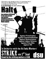Streik-Soliplakat am 2. September 2015 von mhereren linken indischen Gruppierungen