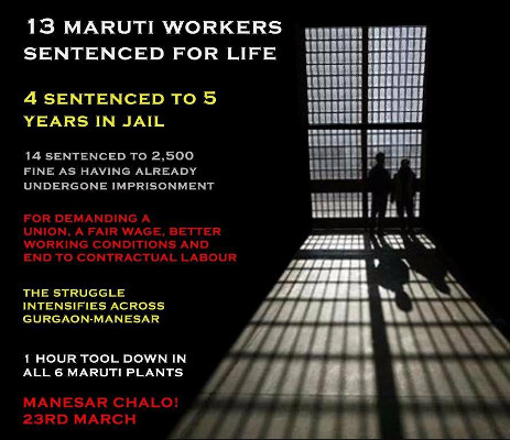Soliplakat Suzuki Indien mit den 13 zu lebenslänglicher Haft verurteilten Gewerkschafter am 18.3.2017