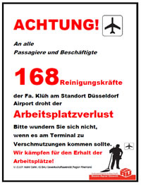 Solidarität mit den Klüh-ReinigerInnen! Für Übernahme und Weiterbeschäftigung am Düsseldorfer Airport!