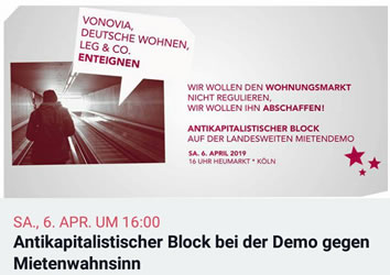 Antikapitalistischer Block beider Demo gegen den Mietenwahnsinn am 6. April 2019 in Köln