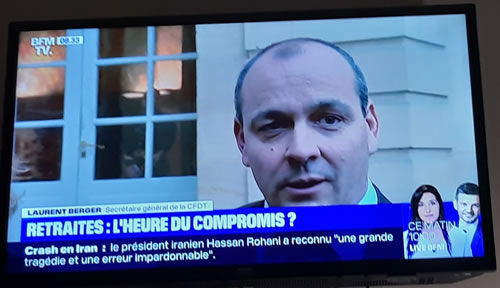 Offizielle Ankündigung im TV mit dem Konterfei des CFDT-Chefs : "Die Stunde des Kompromisses". Foto: Bernard Schmid