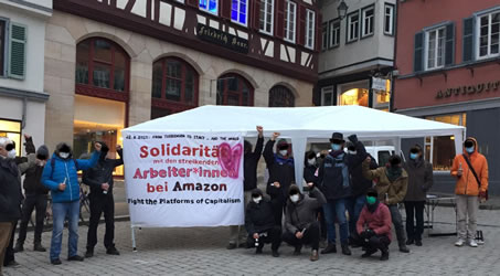 Kundgebung am 22. März 2020 in Tübingen mit ca 30 Personen - u.a. solidarisch mit dem Streik in Italien