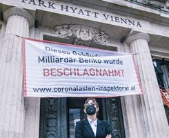 Das Inspektorat für Corona-Lasten - ein künstlerisches Projekt von Attac Österreich - beschlagnahmt Park Hyatt Vienna: Luxus-Hotel von René Benko