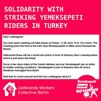 SoliProtest mit Kurieren von Yemeksepeti (Türkei) eitag, 11.02.2022, 16-18 Uhr in Berlin vor der DeliveryHero-Zentrale