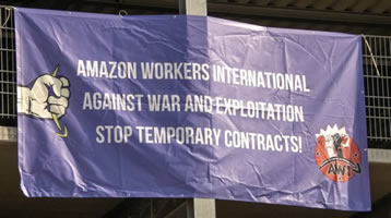 Amazonas-ArbeiterInnen gegen Krieg und Ausbeutung! Transparent vom Amazon Workers International Meeting am 25. bis 27. März 2022 in Bad Hersfeld