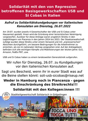 Aufruf zu Solidaritätskundgebungen vor italienischen Konsulaten am Dienstag, 26.07.2022