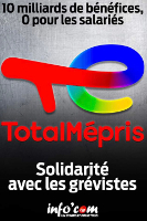 Frankreich Streik bei Ölraffinerien - Bild sagt übersetzt : Totale Verachtung- Solidarität mit den Streikenden