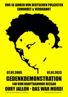 Gedenkdemonstration am 7. Januar 2023 in Dessau: 18 Jahre Kampf für die Aufklärung des Mordes an Oury Jalloh!