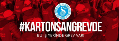 Banner des Arbeitskampfes in der türkischen Papierfabrik KartonSan in Rot