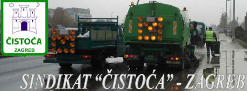 Kroatien: Müllauto und Müllarbeiter und Banner der Reinigungsgewerkschaft Zagreb