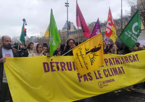 Frauentagsdemo in Paris am 8. März 2023: Wie am 7. auch am 8. März: Bündnis zwischen Gewerkschaften, Klimaschützer/innen und Feministinnen (Foto Bernard Schmid)