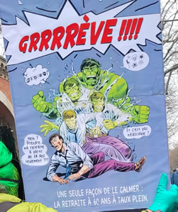 Demo in Paris gegen die Renten"reform" am 11. März 2023: Grève = Streik (Foto Bernard Schmid)