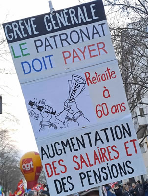 Demo in Paris gegen die Renten"reform" am 11. März 2023: "Generalstreik - für Erhöhung von Löhnen & Renten - Das Kapital muss zahlen" (Foto Bernard Schmid)