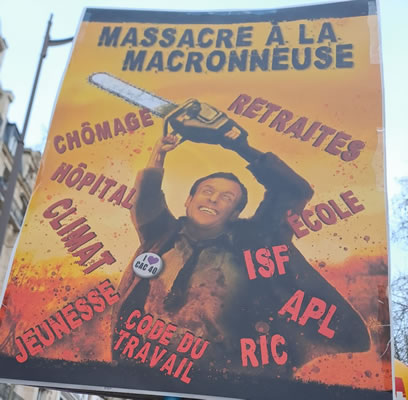 Demo in Paris gegen die Renten"reform" am 11. März 2023: Das Macronsägen-Massaker: Arbeitslosenkasse, Renten, Krankenhaus, Klimapolitik, Schulwesen (Foto Bernard Schmid)