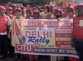 Delhi: Hunderttausende Bauern, Arbeiter und Frauen demonstrieren am 5.4.2023 in Indien