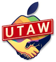 Logo der Apple Gewerkschaft in Großbritannien UTAW - eine schwarze und weiße Hand vor einem Apfel
