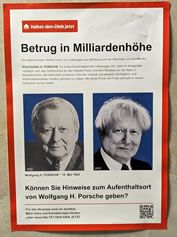Fahndungsplakate überall in Wolfsburg: "Gesucht wird Wolfgang H. Porsche - Haltet den Dieb!"
