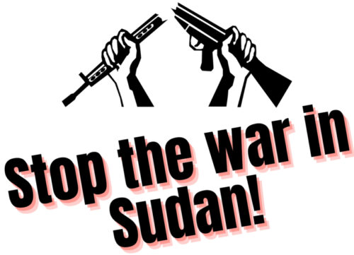 Sudan: Schwarz auf Weiß - zwei Hände zerbrechen ein Gewehr, darunter steht Stoppt den Krieg in Sudan! auf Englisch