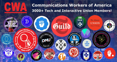 USA: Banner der CWA Gewerkschaft mit den vielen unterschiedlichen Logos der Gewerkschaftsgruppen in der Tech-Industrie u.a.