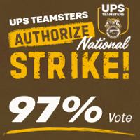 UPS Streikvorbereitung in den USA - Kampagnenschild von der Gewerkschaft Teamster gelbe Schrift auf braun
