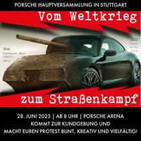 Protest gegen Porsche-Aktionärsversammlung in Stuttgart am 28.6.2023: “Gute Arbeitsbedingungen, statt Renditenwachstum! Kostenlosen ÖPNV für Alle statt Autos! (Foto: Aktion Autofrei)