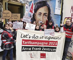 Für Entfristung und mehr Lohn: Die Belegschaft des Anne-Frank-Zentrums in Berlin-Mitte kämpft seit 2018