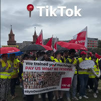 ver.di am 17.7.2025: TikTok-Mitarbeiter protestieren gegen Entlassungen und bereiten sich auf einen Streik in Berlin vor