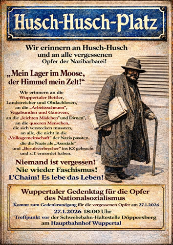 Bettler, "Herumtreiberinnen", Landstreicher, Obdachlosen und die "Arbeitsscheuen"... Wuppertaler Gedenkrundgang für die Opfer des Nationalsozialismus am 27.1.2026