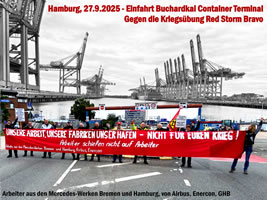 Aktion von Gewerkschaftern gegen Kriegsübung im Hamburger Hafen am Samstag, 27. September 2025