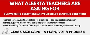 Streik der Lehrkräfte des öffentlichen Schulwesens in Alberta/Kanada: list of demands from Alberta teachers, including class size caps, EA ratios, funding for schools, and fair wages