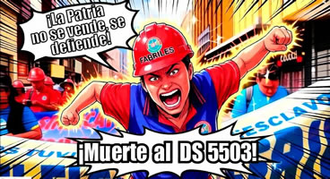 Karikatur gegen die Streichung der Kraftstoff-Subventionen in Bolivien von COB Central Obrera Boliviana am 29-12-25: LA PATRIA NO SE VENDE LA PATRIA SE DEFIENDE! ("Das Vaterland wird nicht verkauft, es wird verteidigt – Tod dem Dekret 5503")