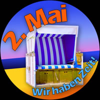 Rundes, stilisiertes Bild eines Strandkorbes am Strand: "2. Mai Wir haben Zeit!" - Demoankündigung vom 23.4.2026 bei der Erwerbsloseninitiative Basta Berlin