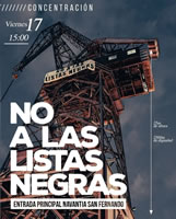 CGT-Plakat zur Soli-Kundgebung am Freitag, 17.4.26 in San Fernando: Gewerkschaftsarbeit ist kein Verbrechen! NEIN zu den Schwarzen Listen bei Navantia!