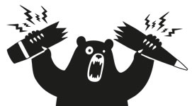 Logo des Berliner Bündnis gegen Waffenproduktion: Ein Bär zerbricht eine Rakete
