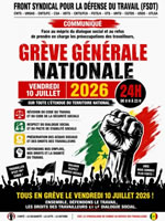 Aufruf der "Gewerkschaftsfront zur Verteidigung der Arbeit" (FSDT) zum Generalstreik senegalesischer Gewerkschaften am 10. Juli 2026